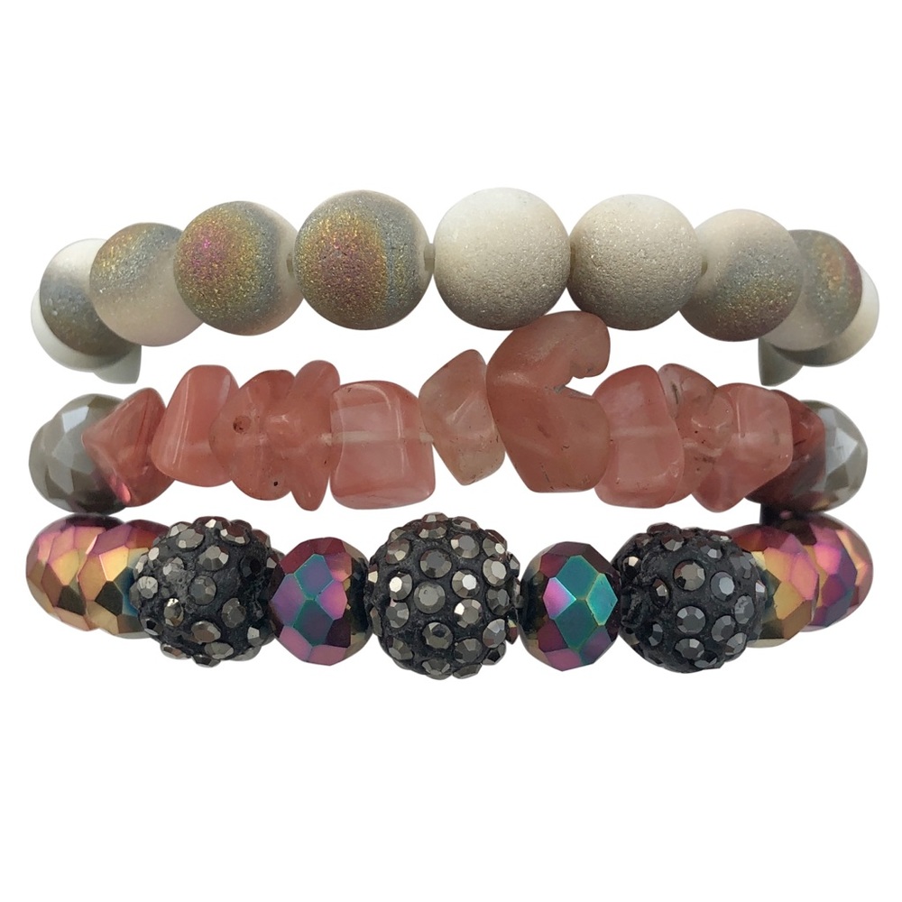 3 Row Stone & Glass Multicolor Layered Beaded Stretch Bracelets